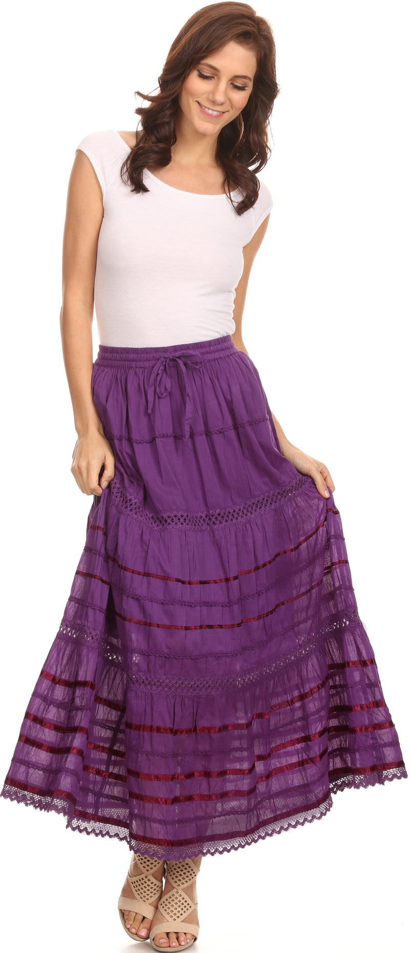 Sakkas Gia Bohemian Adjustable Lace Embroidered Wide Lined Long Ethnic Skirt