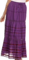 Sakkas Gia Bohemian Adjustable Lace Embroidered Wide Lined Long Ethnic Skirt #color_Purple