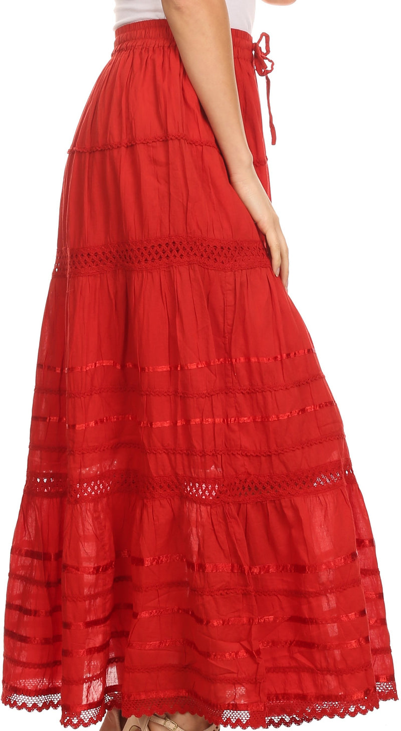 Sakkas Gia Bohemian Adjustable Lace Embroidered Wide Lined Long Ethnic Skirt
