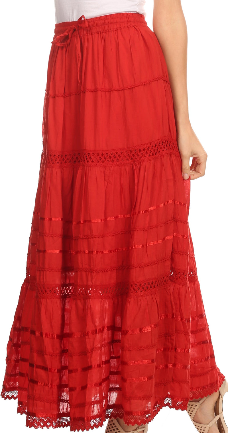 Sakkas Gia Bohemian Adjustable Lace Embroidered Wide Lined Long Ethnic Skirt