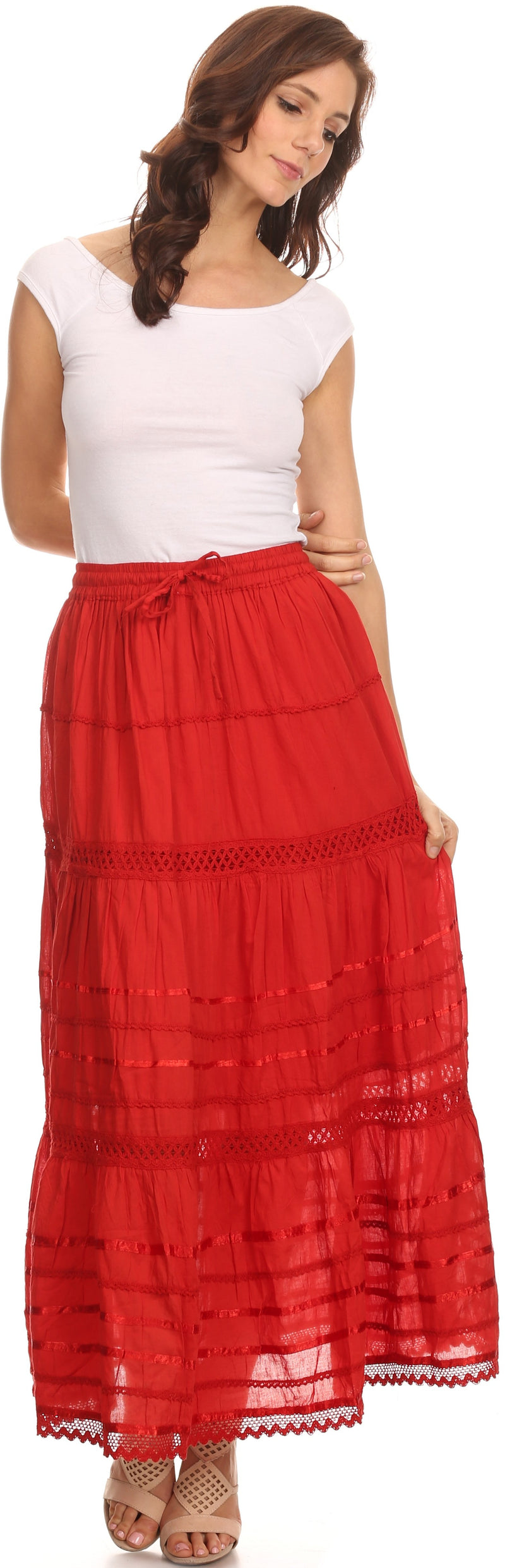 Sakkas Gia Bohemian Adjustable Lace Embroidered Wide Lined Long Ethnic Skirt