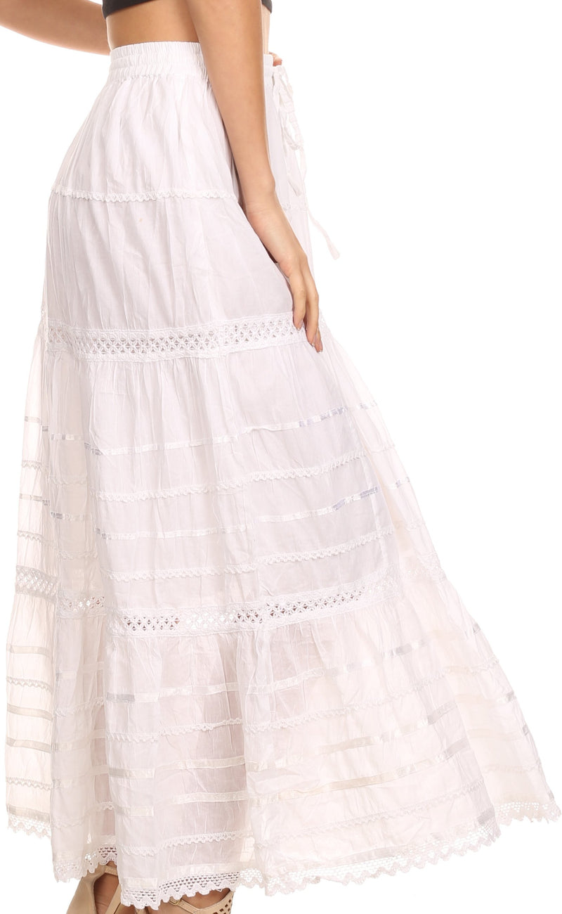 Sakkas Gia Bohemian Adjustable Lace Embroidered Wide Lined Long Ethnic Skirt