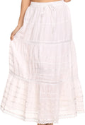 Sakkas Gia Bohemian Adjustable Lace Embroidered Wide Lined Long Ethnic Skirt #color_White