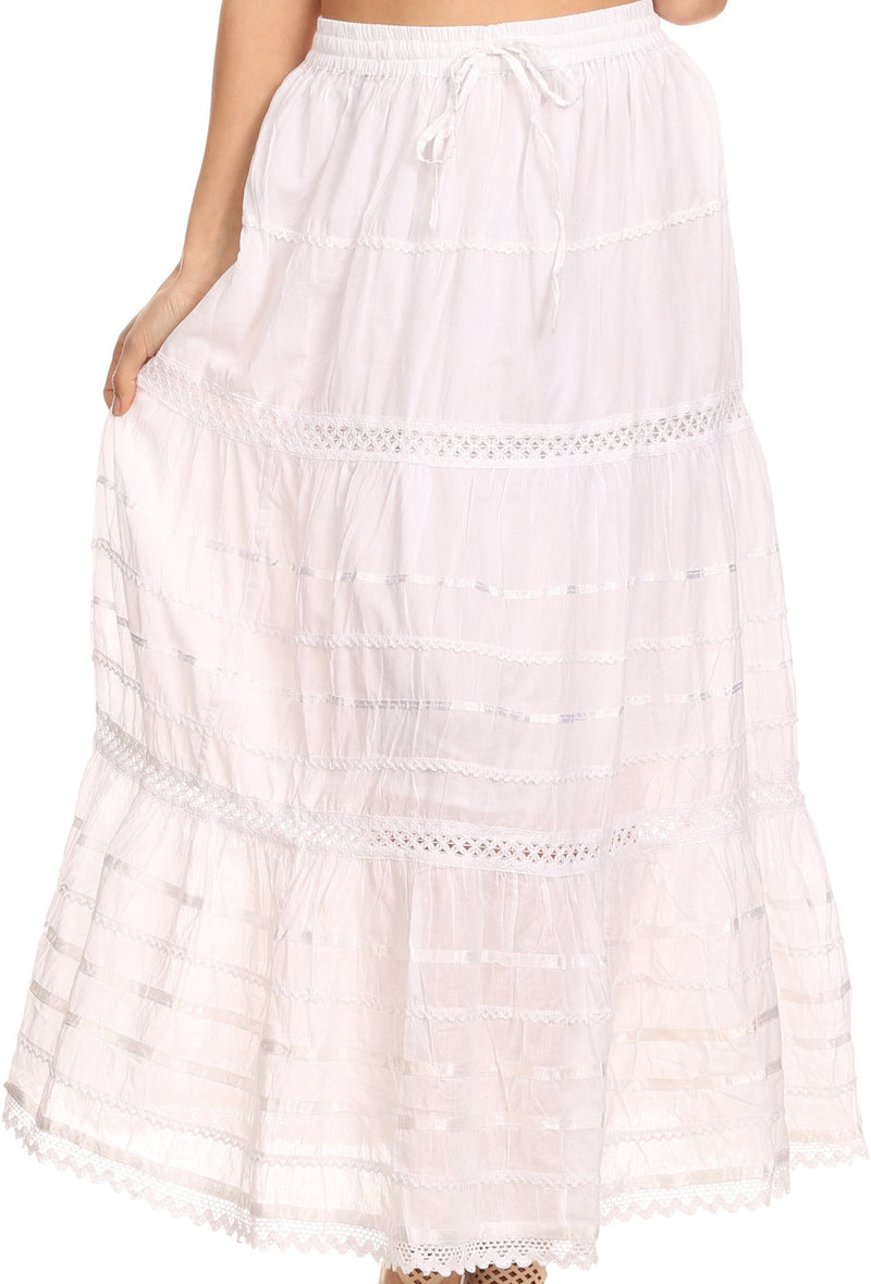 Sakkas Gia Bohemian Adjustable Lace Embroidered Wide Lined Long Ethnic Skirt