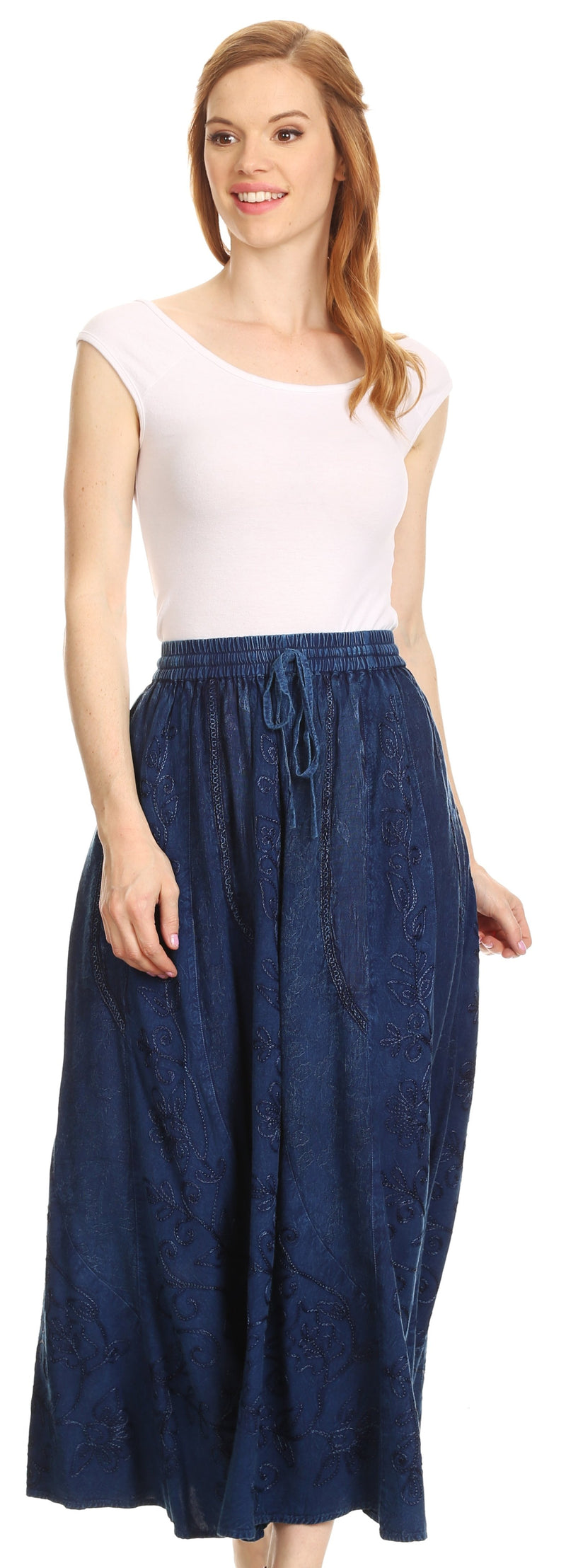 Sakkas Debora Full Length Embroidered Maxi Skirt with Adjustable Waist