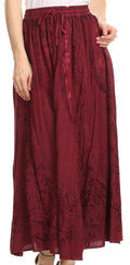 Sakkas Debora Full Length Embroidered Maxi Skirt with Adjustable Waist #color_Burgundy