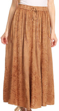 Sakkas Debora Full Length Embroidered Maxi Skirt with Adjustable Waist #color_LightBrown