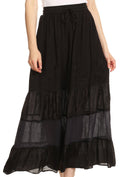 Sakkas Tania Long Bohemian Embroidered Maxi Skirt with Adjustable Waist#color_Black
