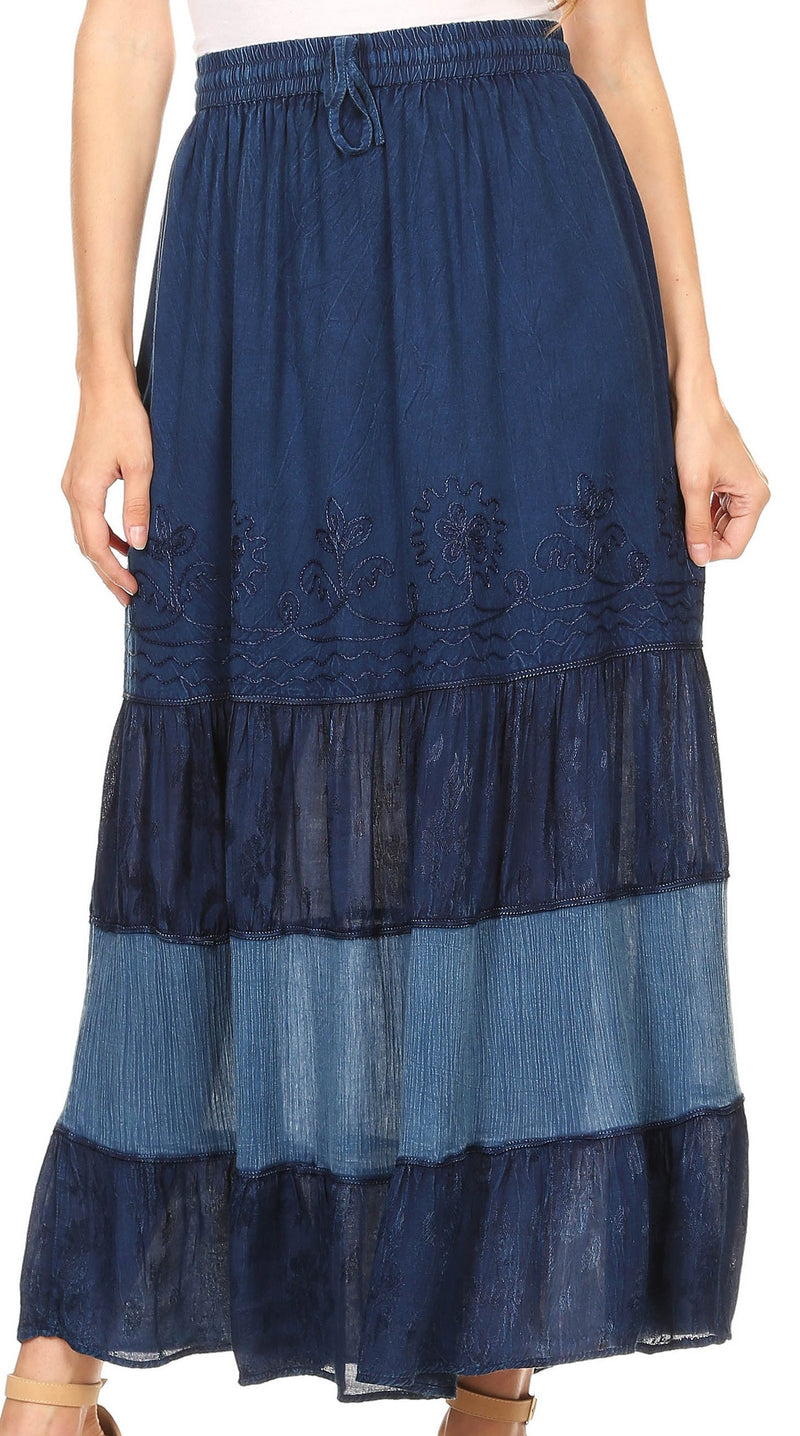 Sakkas Tania Long Bohemian Embroidered Maxi Skirt with Adjustable Waist