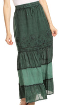 Sakkas Tania Long Bohemian Embroidered Maxi Skirt with Adjustable Waist#color_ForestGreen