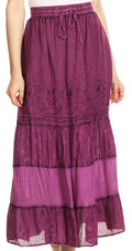 Sakkas Tania Long Bohemian Embroidered Maxi Skirt with Adjustable Waist#color_Fuchsia