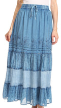 Sakkas Tania Long Bohemian Embroidered Maxi Skirt with Adjustable Waist#color_LightBlueDenim
