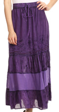 Sakkas Tania Long Bohemian Embroidered Maxi Skirt with Adjustable Waist#color_Purple