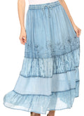 Sakkas Tania Long Bohemian Embroidered Maxi Skirt with Adjustable Waist#color_Turquoise