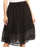 Sakkas Beren Mid Skirt Flared with Elastic Waist Embroidery Brocade and Crochet#color_Black