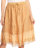 Sakkas Beren Mid Skirt Flared with Elastic Waist Embroidery Brocade and Crochet#color_Camel