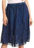 Sakkas Beren Mid Skirt Flared with Elastic Waist Embroidery Brocade and Crochet#color_Indigo