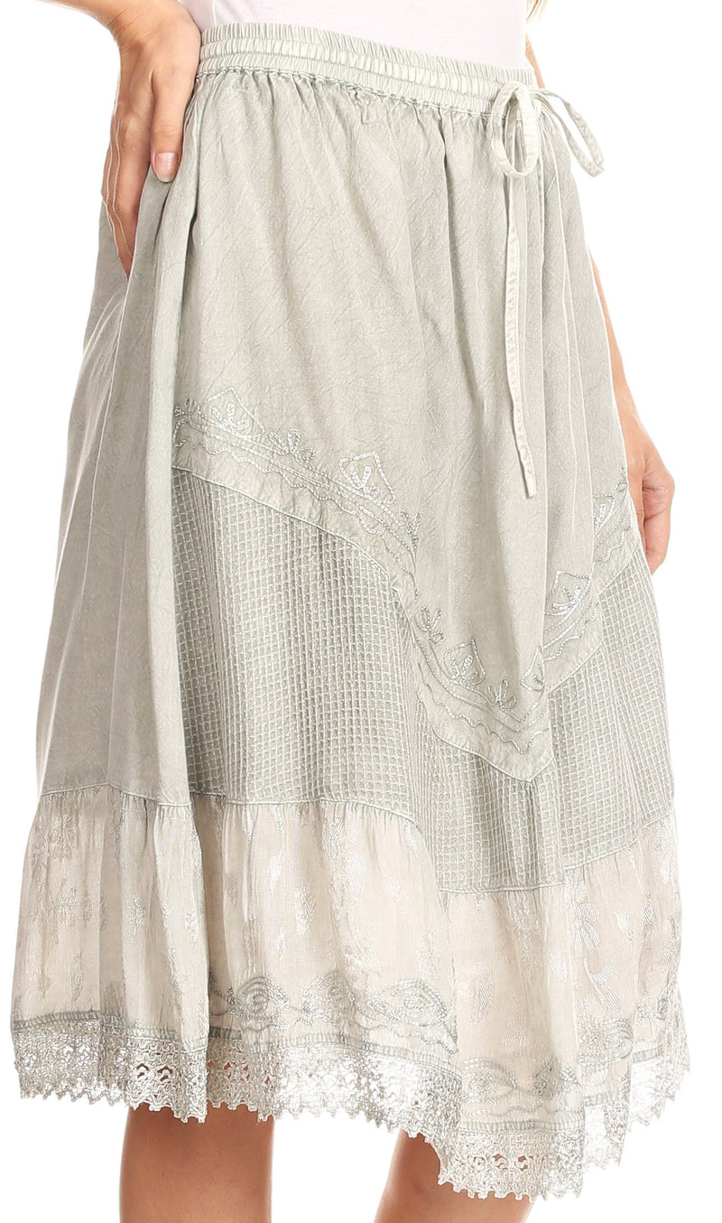 Sakkas Beren Mid Skirt Flared with Elastic Waist Embroidery Brocade and Crochet