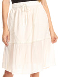 Sakkas Beren Mid Skirt Flared with Elastic Waist Embroidery Brocade and Crochet#color_OffWhite