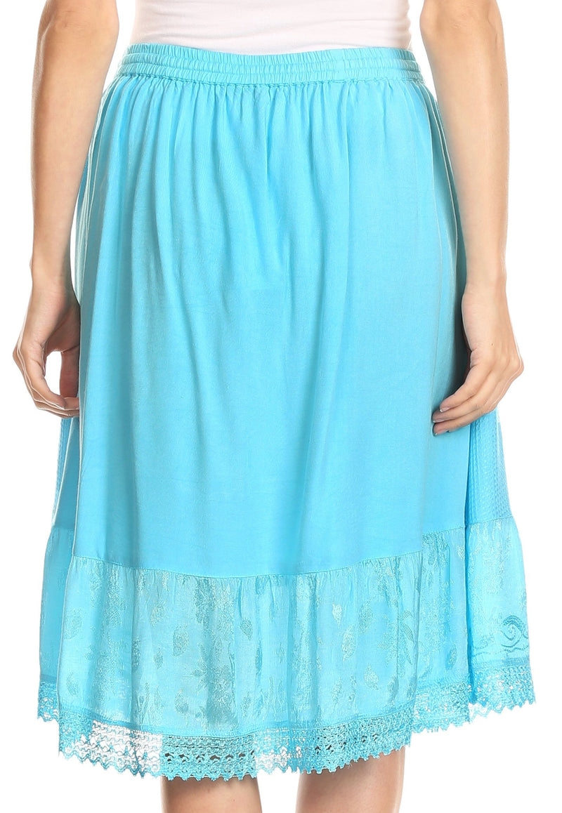 Sakkas Beren Mid Skirt Flared with Elastic Waist Embroidery Brocade and Crochet