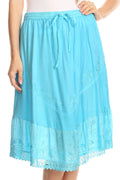 Sakkas Beren Mid Skirt Flared with Elastic Waist Embroidery Brocade and Crochet#color_Turquoise