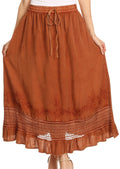 Sakkas Harley Bohemian Embroidered Ethnic Maxi Skirt Adjustable Waist Ruffle Trim#color_Brown