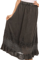 Sakkas Harley Bohemian Embroidered Ethnic Maxi Skirt Adjustable Waist Ruffle Trim
