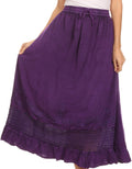 Sakkas Harley Bohemian Embroidered Ethnic Maxi Skirt Adjustable Waist Ruffle Trim#color_Purple