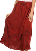 Sakkas Harley Bohemian Embroidered Ethnic Maxi Skirt Adjustable Waist Ruffle Trim#color_Red
