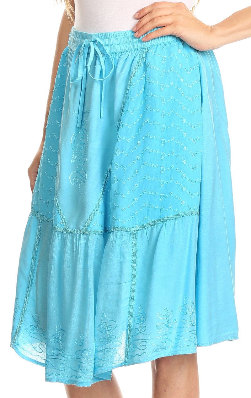 Sakkas Beyza  Casual Peasant Mid Skirt with Elastic Waist Embroidery and Eyelet