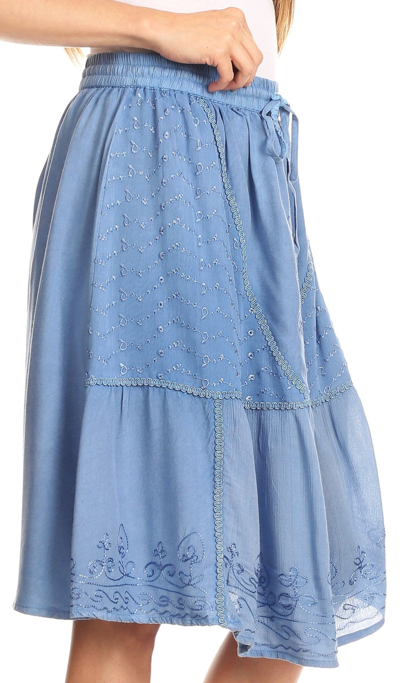 Sakkas Beyza  Casual Peasant Mid Skirt with Elastic Waist Embroidery and Eyelet