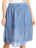 Sakkas Beyza  Casual Peasant Mid Skirt with Elastic Waist Embroidery and Eyelet#color_Dusty Blue 
