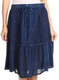 Sakkas Beyza  Casual Peasant Mid Skirt with Elastic Waist Embroidery and Eyelet#color_Indigo 