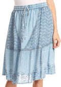 Sakkas Beyza  Casual Peasant Mid Skirt with Elastic Waist Embroidery and Eyelet#color_Light Blue Denim 