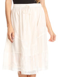 Sakkas Beyza  Casual Peasant Mid Skirt with Elastic Waist Embroidery and Eyelet#color_Off White 