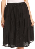 Sakkas Eris Stonewashed Mid Skirt with Adjustable waist Embroidery and Eyelet#color_Black 