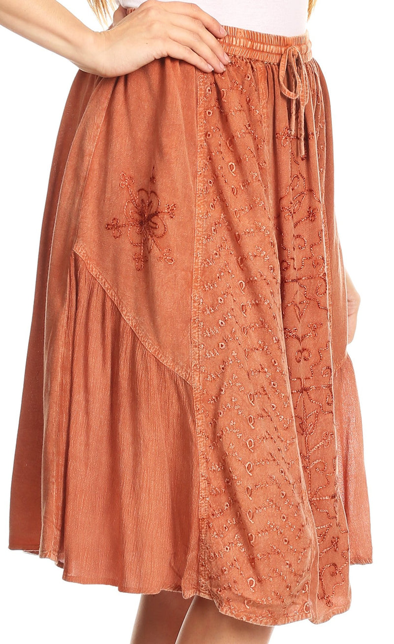 Sakkas Eris Stonewashed Mid Skirt with Adjustable waist Embroidery and Eyelet