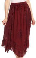 Sakkas Lucia Handkerchief Ruffled mid Length Casual Skirt with Embroidery#color_Burgundy