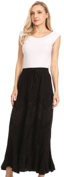 Sakkas Evelyn Womens Stonewashed Maxi Ruffle Skirt with Elastic Waist & Embroidery