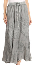 Sakkas Evelyn Womens Stonewashed Maxi Ruffle Skirt with Elastic Waist & Embroidery#color_Grey