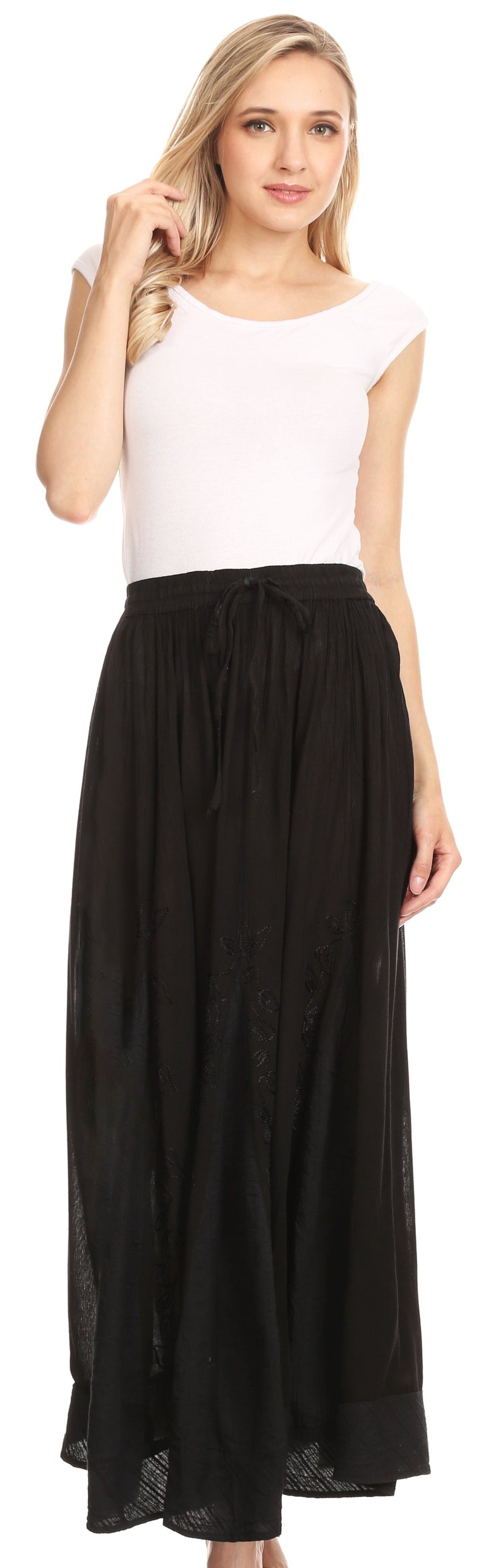 Sakkas Noemi Womens Maxi Flared Bohemian Essential Skirt with Embroidery