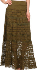 Sakkas Leo Long Tall Lined Embroidered Bohemian High Or Low Waist Foldover Skirt#color_Olive