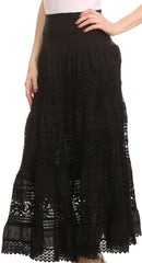 Sakkas Gracie Crochet Lace Tiered Long Cotton Skirt with Fold-Over Waistband
