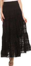 Sakkas Gracie Crochet Lace Tiered Long Cotton Skirt with Fold-Over Waistband#color_Black