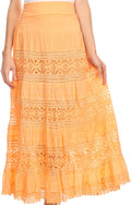Sakkas Gracie Crochet Lace Tiered Long Cotton Skirt with Fold-Over Waistband#color_BrightOrange