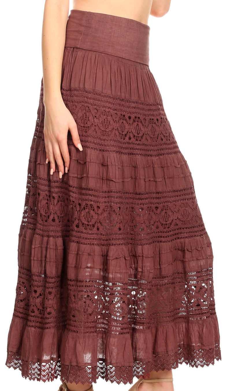 Sakkas Gracie Crochet Lace Tiered Long Cotton Skirt with Fold-Over Waistband