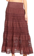 Sakkas Gracie Crochet Lace Tiered Long Cotton Skirt with Fold-Over Waistband#color_Burgundy