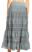 Sakkas Gracie Crochet Lace Tiered Long Cotton Skirt with Fold-Over Waistband
