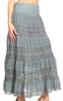 Sakkas Gracie Crochet Lace Tiered Long Cotton Skirt with Fold-Over Waistband