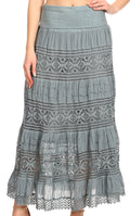 Sakkas Gracie Crochet Lace Tiered Long Cotton Skirt with Fold-Over Waistband#color_DustyBlue